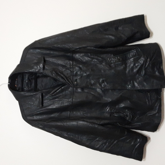 Perry Ellis men leather jacket pea coat in size L y2k black button down winter - Picture 1 of 7